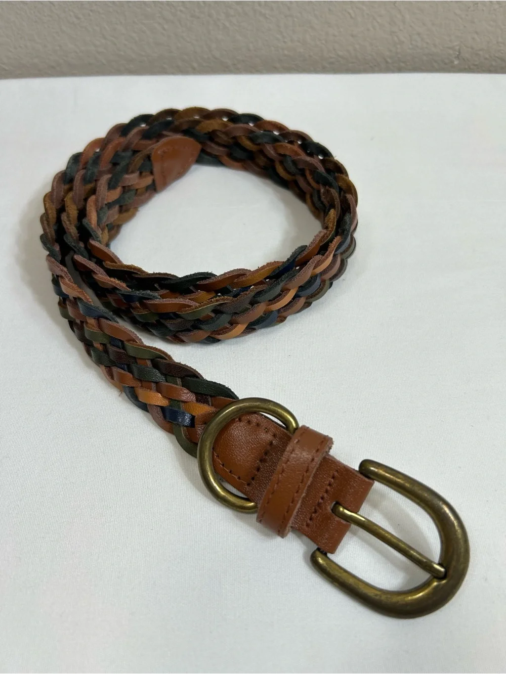 Braided Earthy Bohemian‎ Brass Buckle Adjustable No Holes Woven Leather Belt M-L